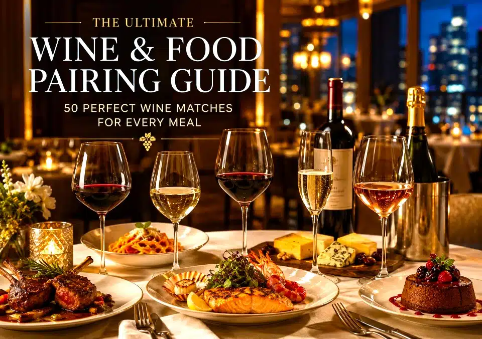 • Wine and food pairing guide with red, white, rosé, sparkling, and non-alcoholic wines
