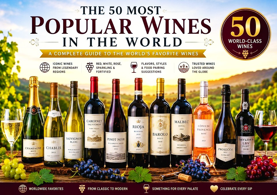 The 50 most popular wines in the world including Cabernet Sauvignon, Chardonnay, Pinot Noir, Prosecco, Champagne and Port