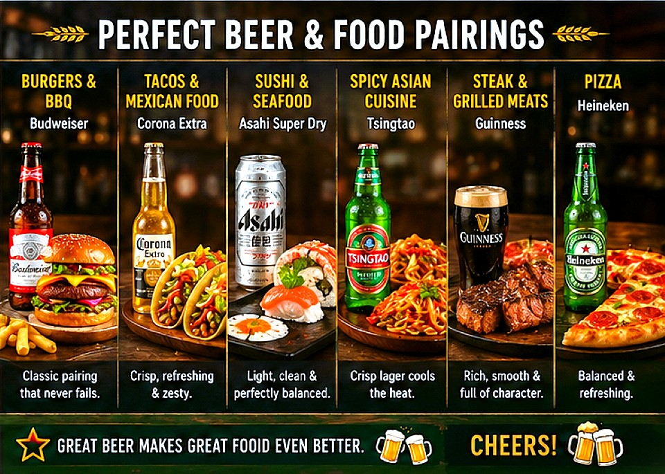 Best beer and food pairings featuring burgers, tacos, sushi, Asian cuisine, steak and pizza