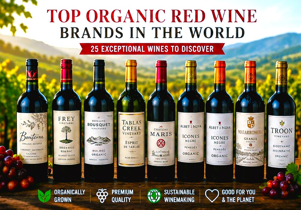 Best organic red wine brands in the world featuring Bonterra, Frey Vineyards, Domaine Bousquet, Tablas Creek, Château Maris and Albet i Noya