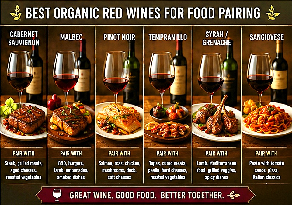 Best organic red wine and food pairings featuring Cabernet Sauvignon, Malbec, Pinot Noir, Tempranillo, Syrah and Sangiovese