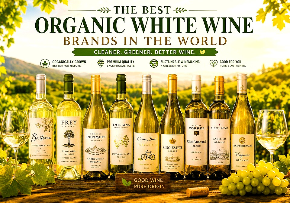Best organic white wine brands in the world featuring organic Chardonnay, Sauvignon Blanc, Pinot Gris and Riesling