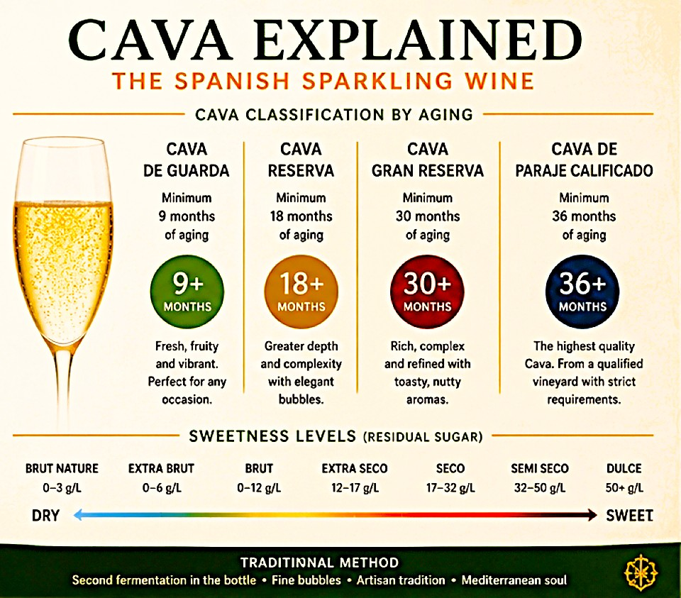 Cava aging classifications and sweetness levels from Brut Nature to Dulce