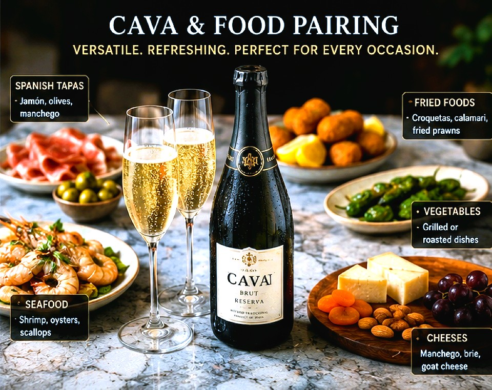 Cava sparkling wine paired with Spanish tapas, seafood, fried foods and cheese