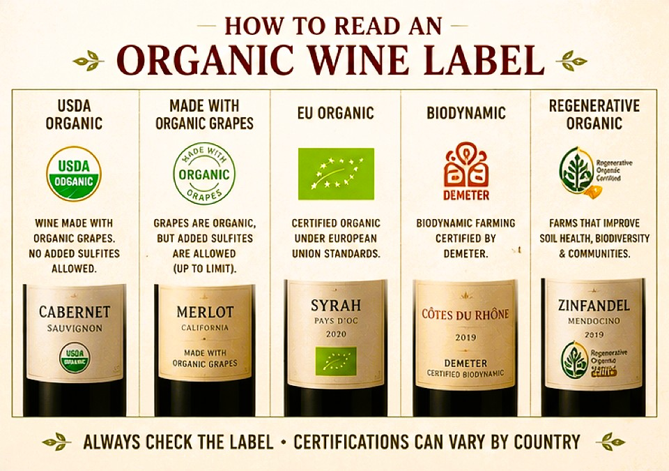 How to read an organic wine label showing USDA Organic, EU Organic, biodynamic and regenerative organic certifications