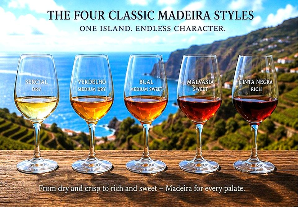 Madeira wine styles including Sercial, Verdelho, Bual and Malvasia from Portugal