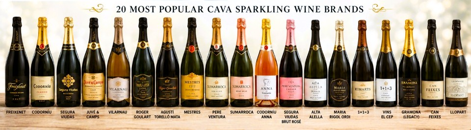 Popular Cava sparkling wine brands from Spain including Freixenet, Codorníu and Segura Viudas
