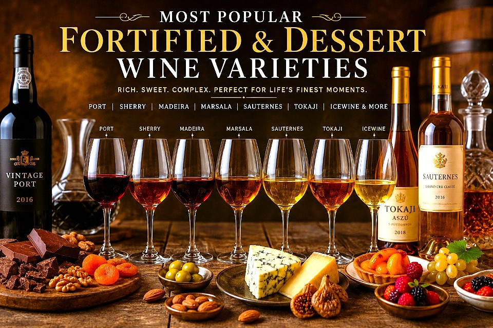 Most popular fortified and dessert wine varieties including Port, Sherry, Madeira and Icewine