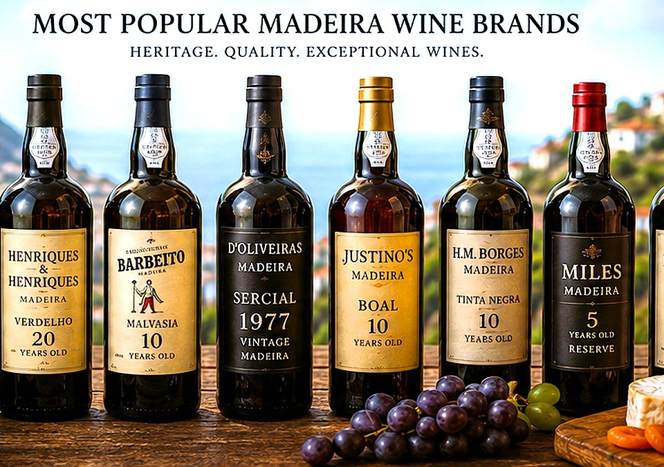 Popular Madeira wine brands including Blandy's, Cossart Gordon, Barbeito, D'Oliveira and Justino's