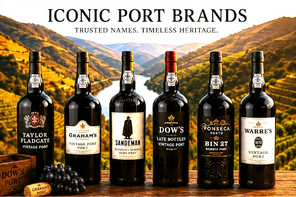 Most popular Port wine brands and styles including Ruby, Vintage, Tawny, Colheita and White Port