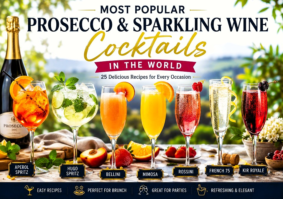 Most popular Prosecco and sparkling wine cocktails including Aperol Spritz, Hugo Spritz, Bellini, Mimosa, Rossini and French 75