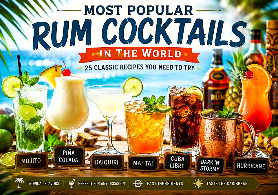 Most popular rum cocktails in the world including Mojito, Piña Colada, Daiquiri, Mai Tai, Cuba Libre and Dark ’N’ Stormy
