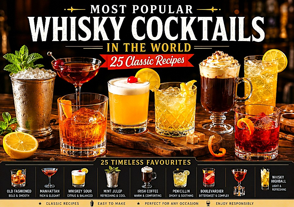 Most popular whisky cocktails in the world including Old Fashioned, Manhattan, Whisky Sour, Mint Julep, Irish Coffee and Penicillin