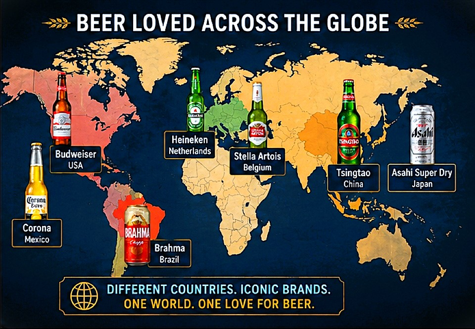 Popular beer styles around the world including pale lager, pilsner, stout, wheat beer, pale ale and IPA