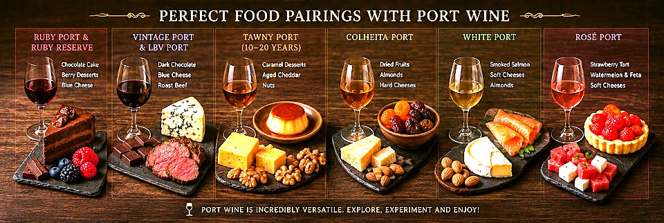 Port wine food pairings with chocolate, blue cheese, aged cheese, desserts, nuts and fruit