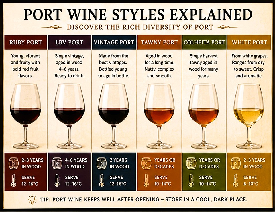 Port wine styles and serving guide featuring Ruby, Vintage, Tawny, Colheita, White and Rosé Port