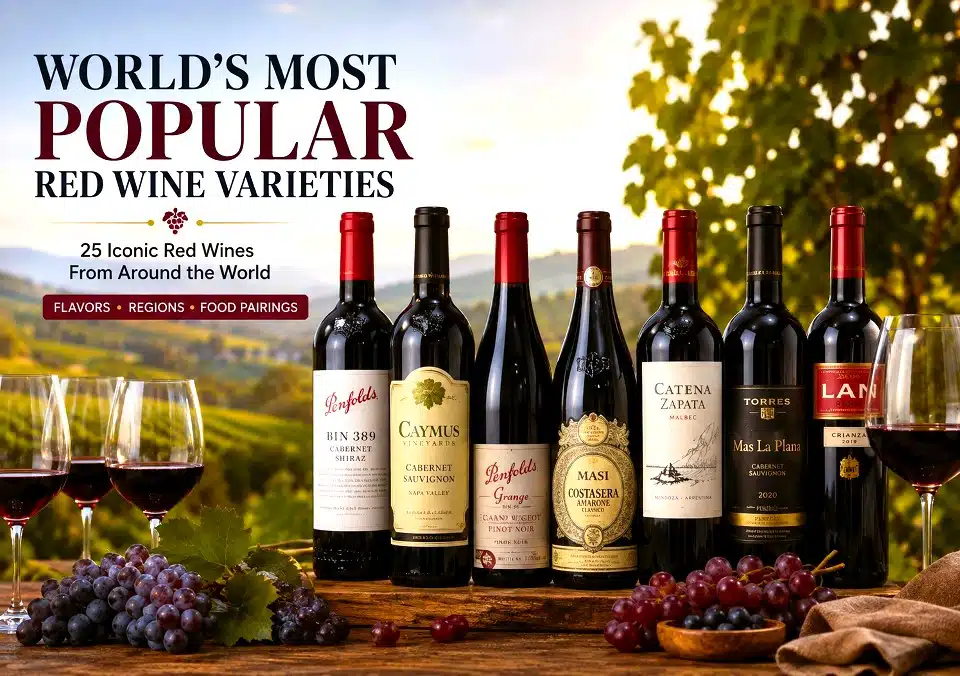 World's most popular red wine varieties including Cabernet Sauvignon, Pinot Noir, Merlot and Malbec