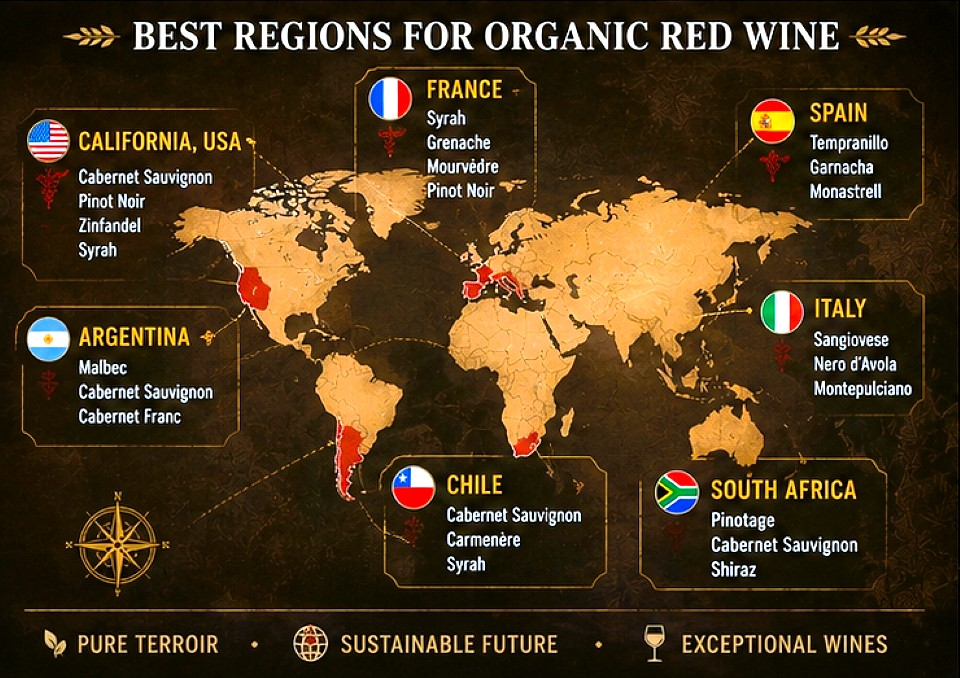 Top organic red wine regions including California, Mendoza, France, Spain, Italy and Chile