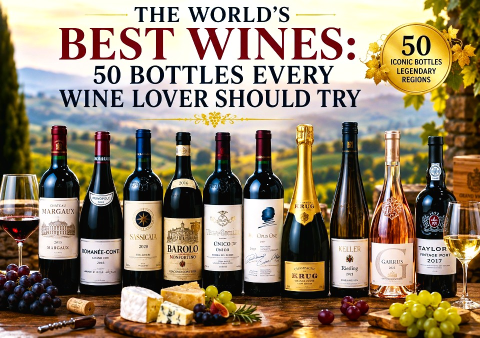 The world's best wines featuring 50 iconic bottles from Bordeaux, Burgundy, Italy, Spain, California, Champagne, Port and Madeira
