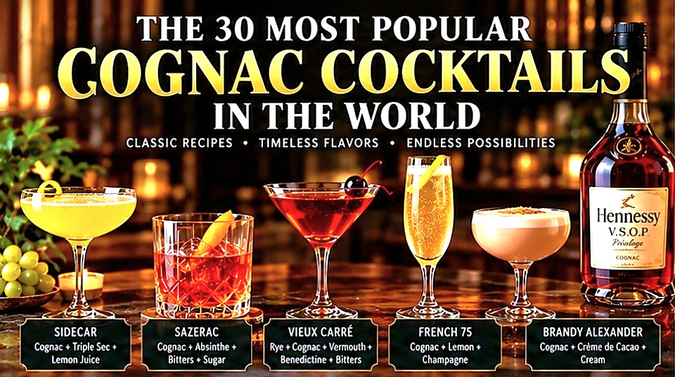 30 most popular Cognac cocktails including Sidecar, Sazerac, Vieux Carré, French 75 and Brandy Alexander with Cognac bottles and cocktail recipes