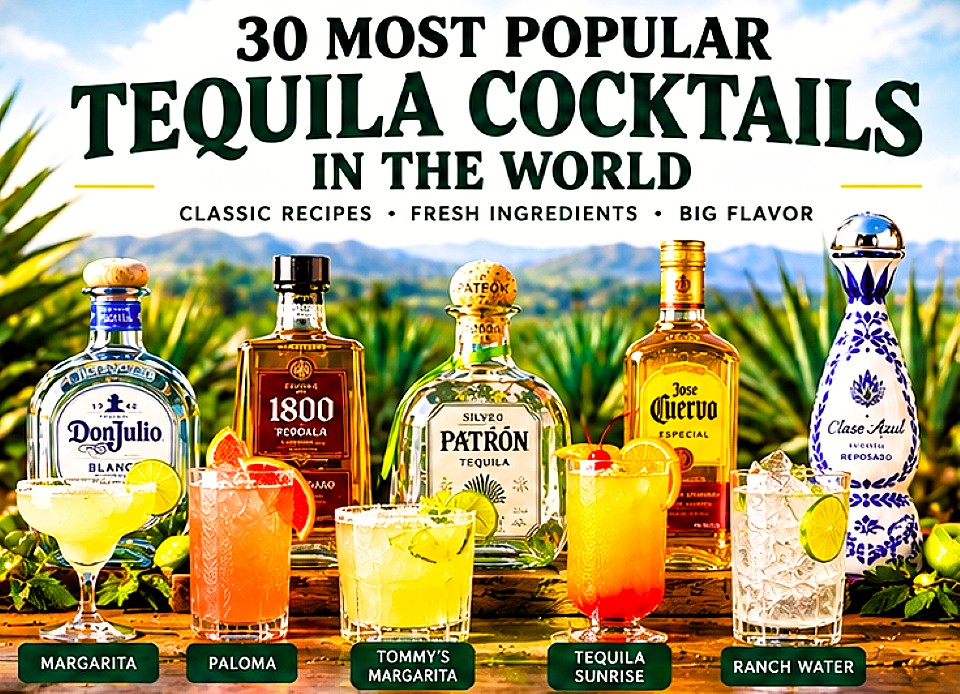 30 most popular tequila cocktails including Margarita, Paloma, Tommy's Margarita, Tequila Sunrise and Ranch Water with popular tequila bottles