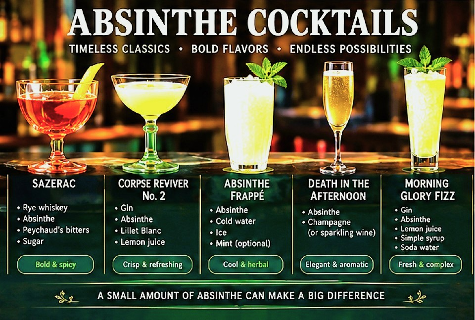 Absinthe cocktail guide featuring the Sazerac, Corpse Reviver No. 2, Absinthe Frappé, Death in the Afternoon and Morning Glory Fizz