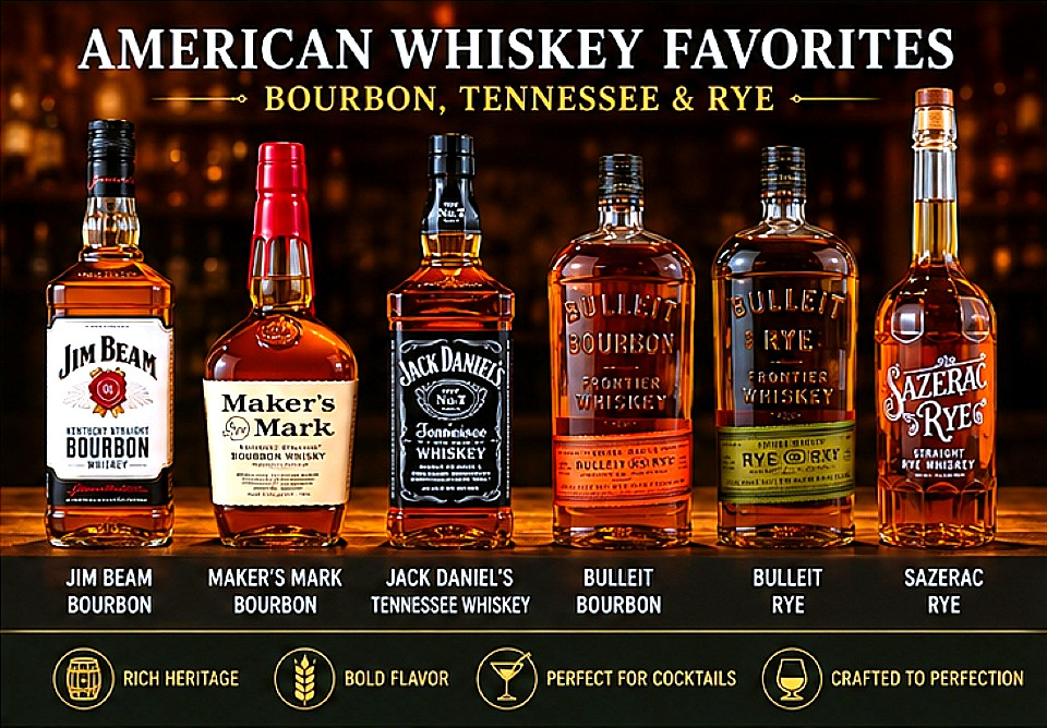 Popular American whiskey brands including Jim Beam, Maker's Mark, Jack Daniel's, Bulleit Bourbon, Bulleit Rye and Sazerac Rye