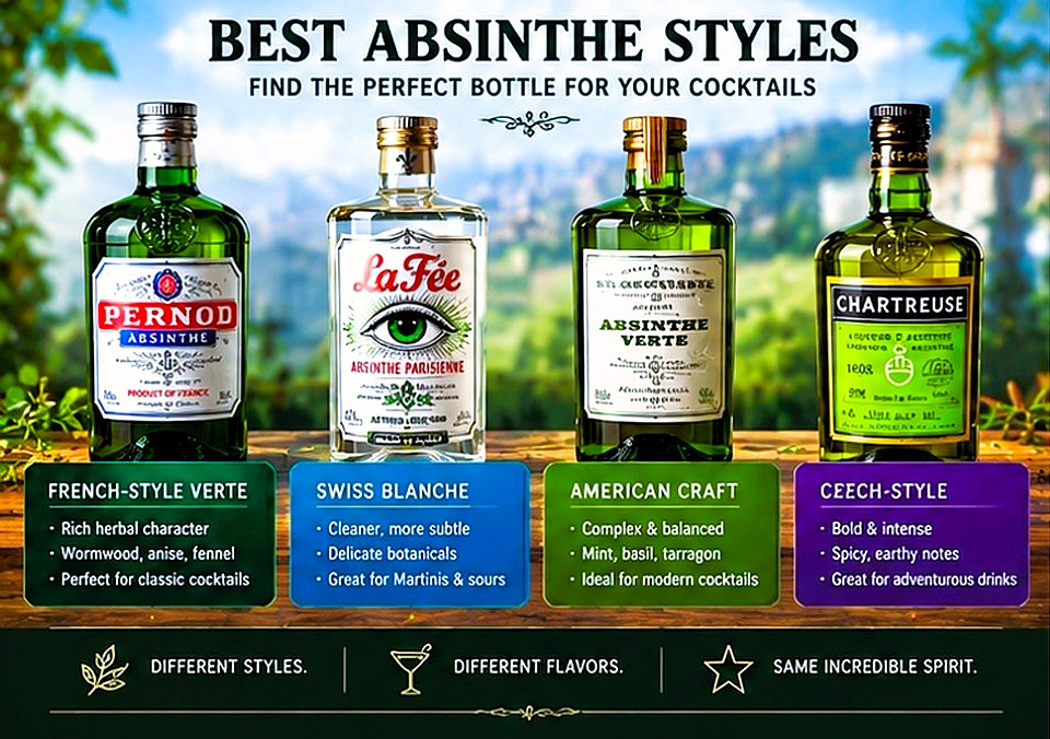 Best absinthe styles for cocktails including French-style verte, Swiss blanche, American craft and Czech-style absinthe