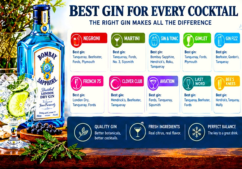 Best gin for Negroni, Martini, Gin and Tonic, Gimlet, Gin Fizz, French 75, Clover Club, Aviation, Last Word and Bee's Knees