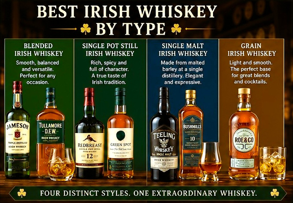 Best Irish whiskey by type including blended, single pot still, single malt and grain whiskey with Jameson, Redbreast, Teeling and Roe & Co