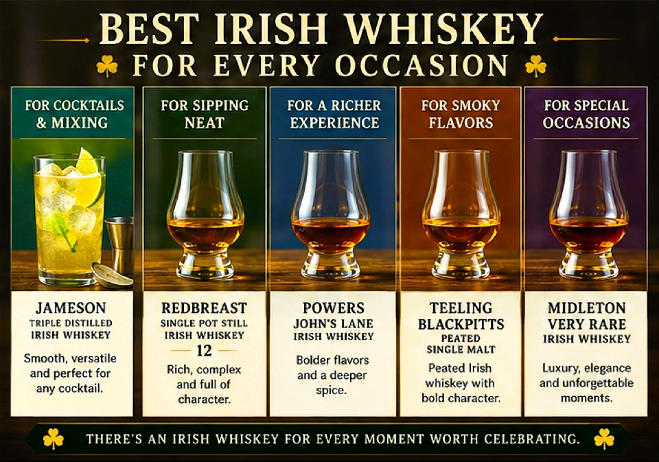 Best Irish whiskey for cocktails, neat sipping, richer flavors, smoky whiskey and special occasions including Jameson, Redbreast, Powers, Teeling and Midleton Very Rare