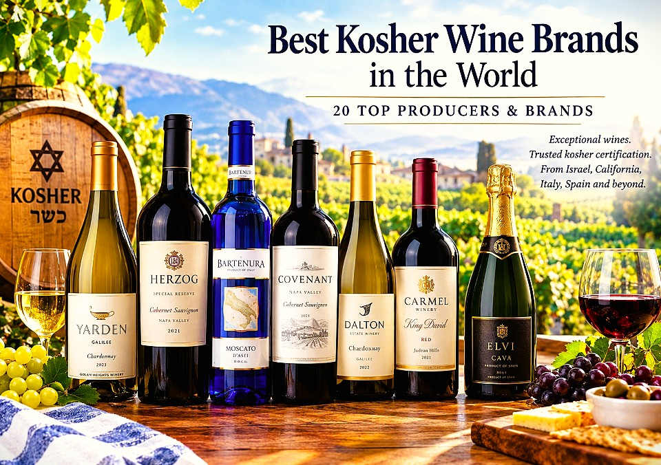 Best kosher wine brands from Israel, California, Italy and Spain displayed with premium wine bottles
