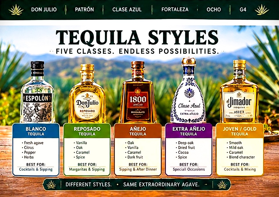 Tequila styles explained including Blanco, Reposado, Añejo and Extra Añejo with popular tequila bottles and agave