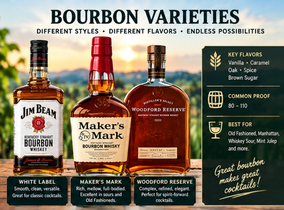 Bourbon varieties and flavor guide showing popular bourbon bottles with vanilla, caramel, oak, spice and brown sugar tasting notes