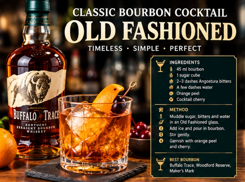 Classic Bourbon Old Fashioned recipe with bourbon, Angostura bitters, sugar, orange peel and cocktail cherry