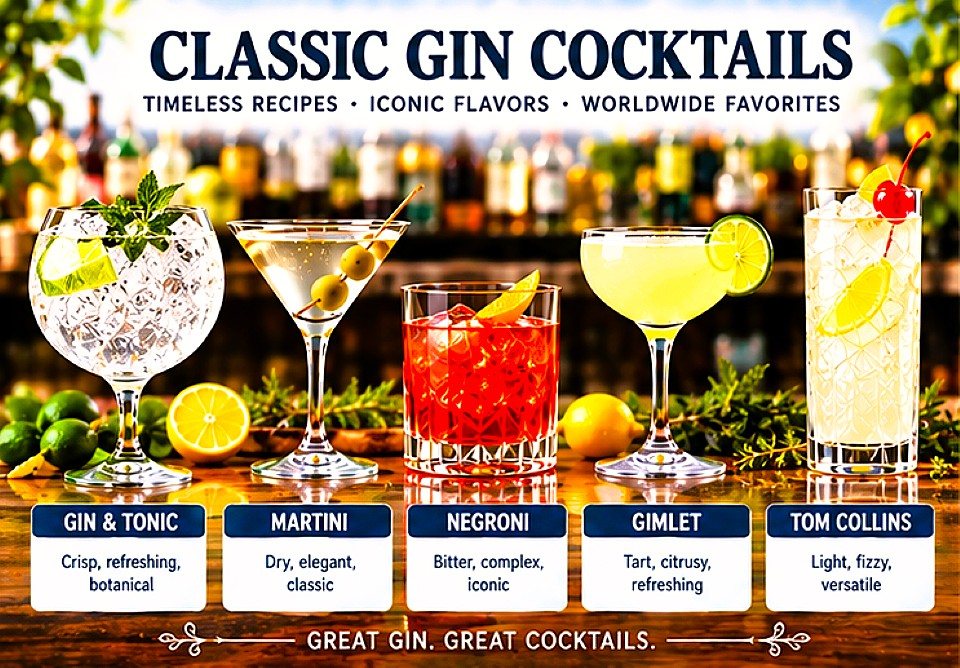 Classic gin cocktails including Gin and Tonic, Dry Martini, Negroni, Gimlet and Tom Collins with fresh citrus and botanical garnishes