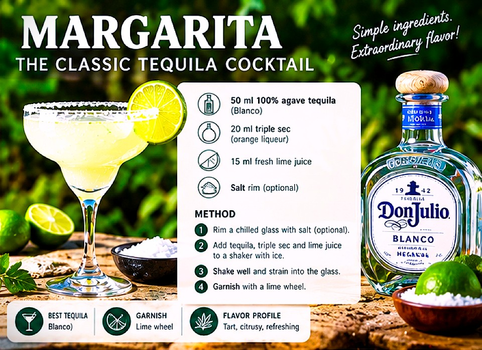 Classic Margarita recipe with Blanco tequila, triple sec, fresh lime juice, optional salt rim and lime garnish