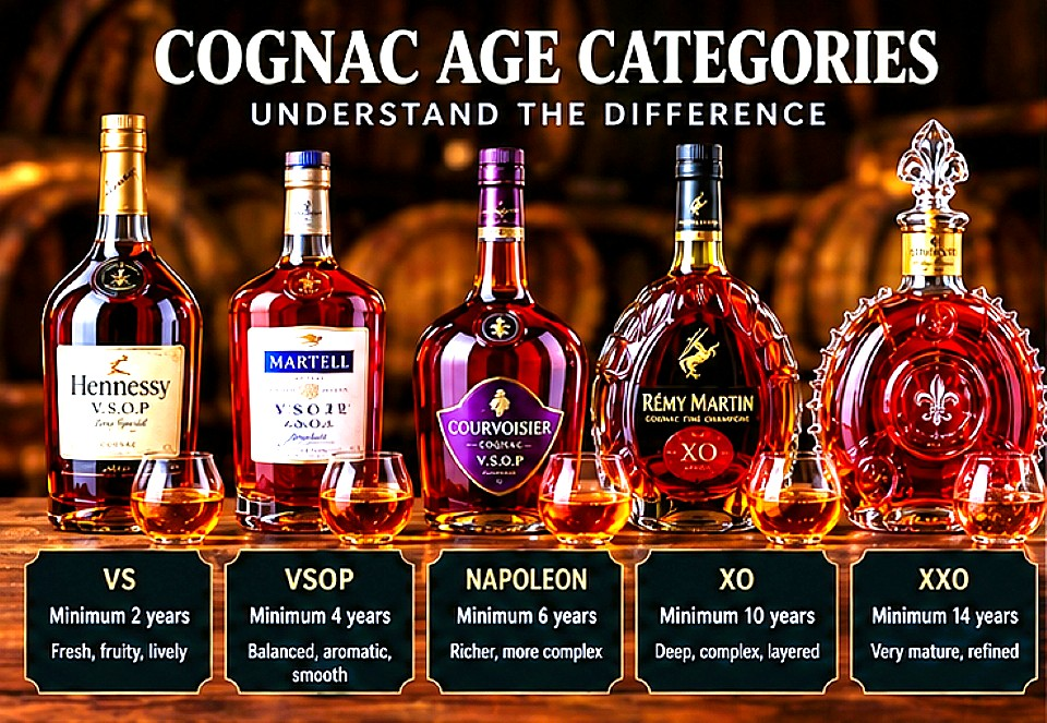 Cognac age categories explained including VS, VSOP, Napoleon, XO and XXO with popular Cognac bottles and tasting profiles