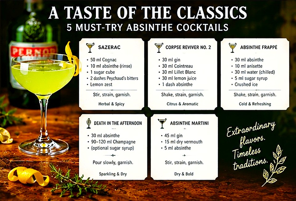 Five must-try absinthe cocktails including Sazerac, Corpse Reviver No. 2, Absinthe Frappé, Death in the Afternoon and Absinthe Martini with recipes