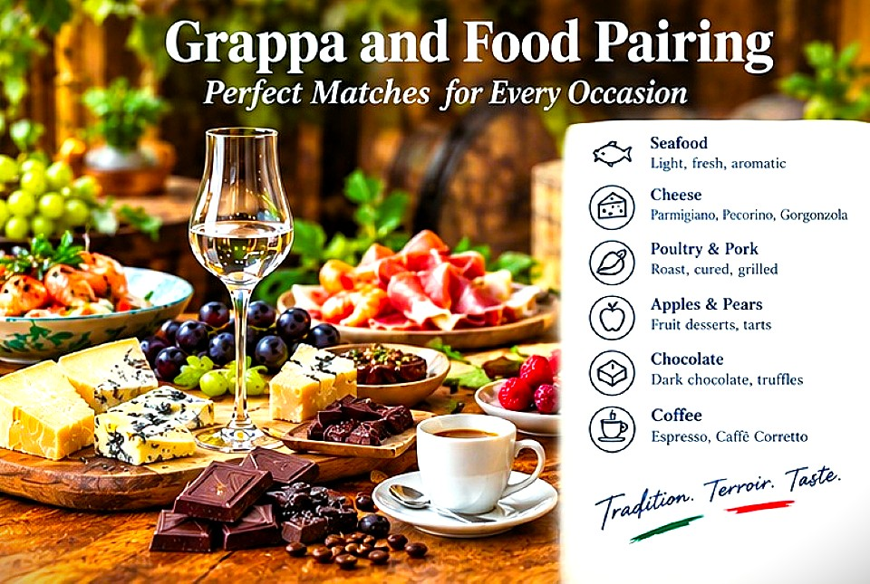 Italian grappa food pairings with seafood, Parmigiano, Pecorino, Gorgonzola, roast meats, fruit desserts, chocolate and coffee