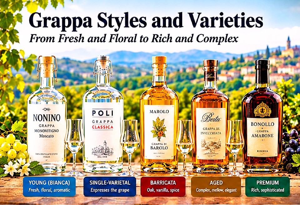 Italian grappa styles and varieties including young grappa, single-varietal, barricata, aged and premium grappa