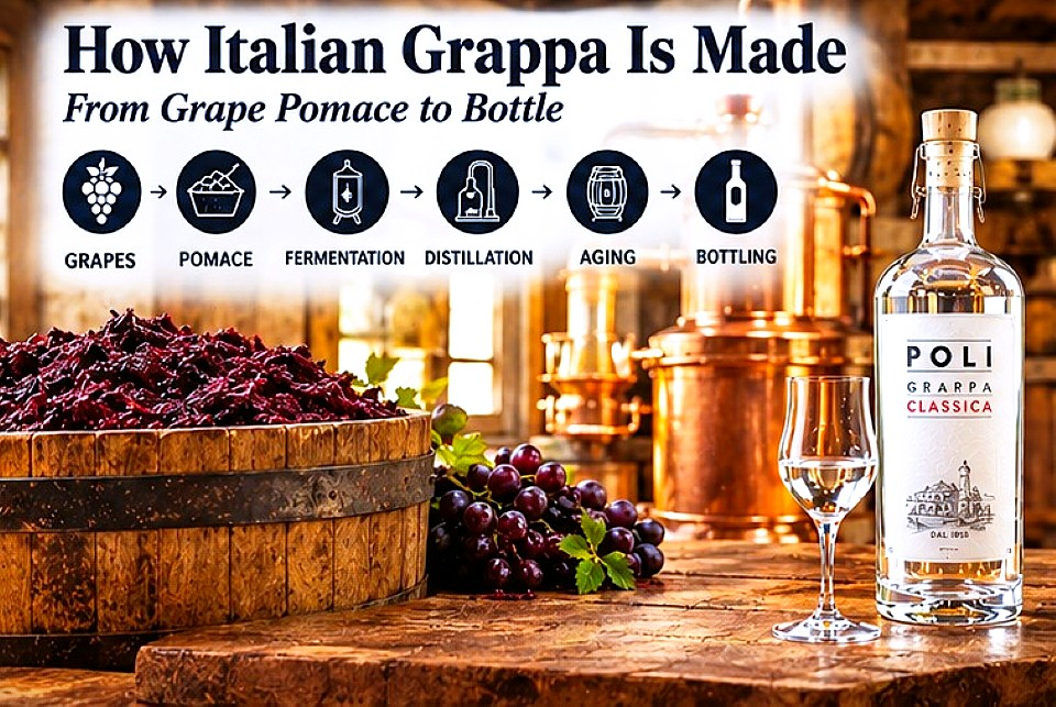 How Italian grappa is made from grape pomace through fermentation, distillation, aging and bottling
