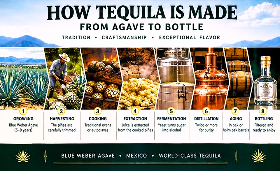 How tequila is made from Blue Weber agave through harvesting, cooking, extraction, fermentation, distillation and aging