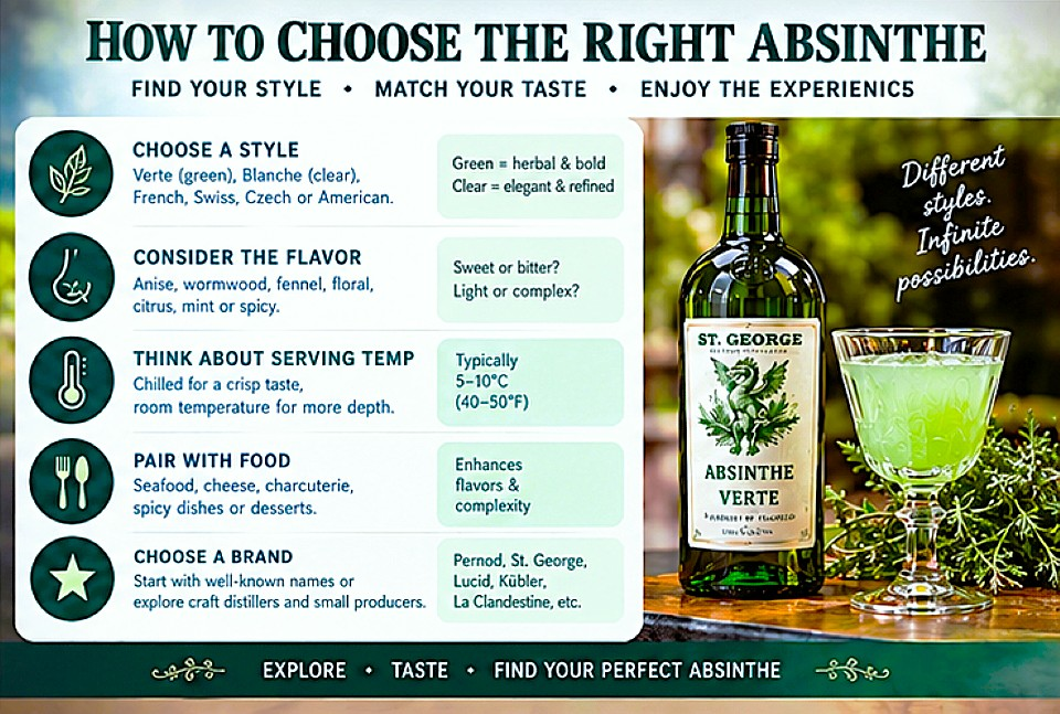 How to choose the right absinthe based on style, flavor, serving temperature, food pairing and brand