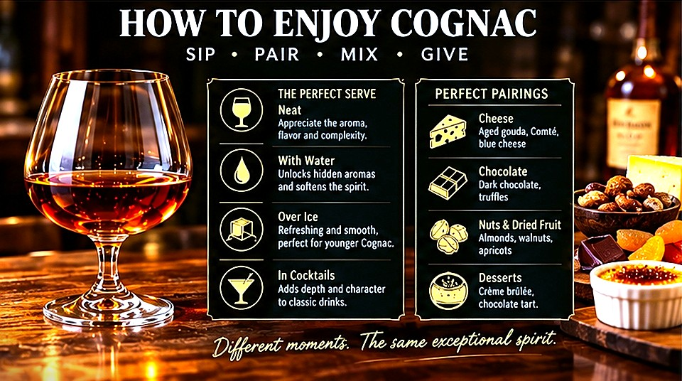 How to enjoy Cognac neat, with water, over ice or in cocktails paired with cheese, chocolate, nuts, dried fruit and desserts