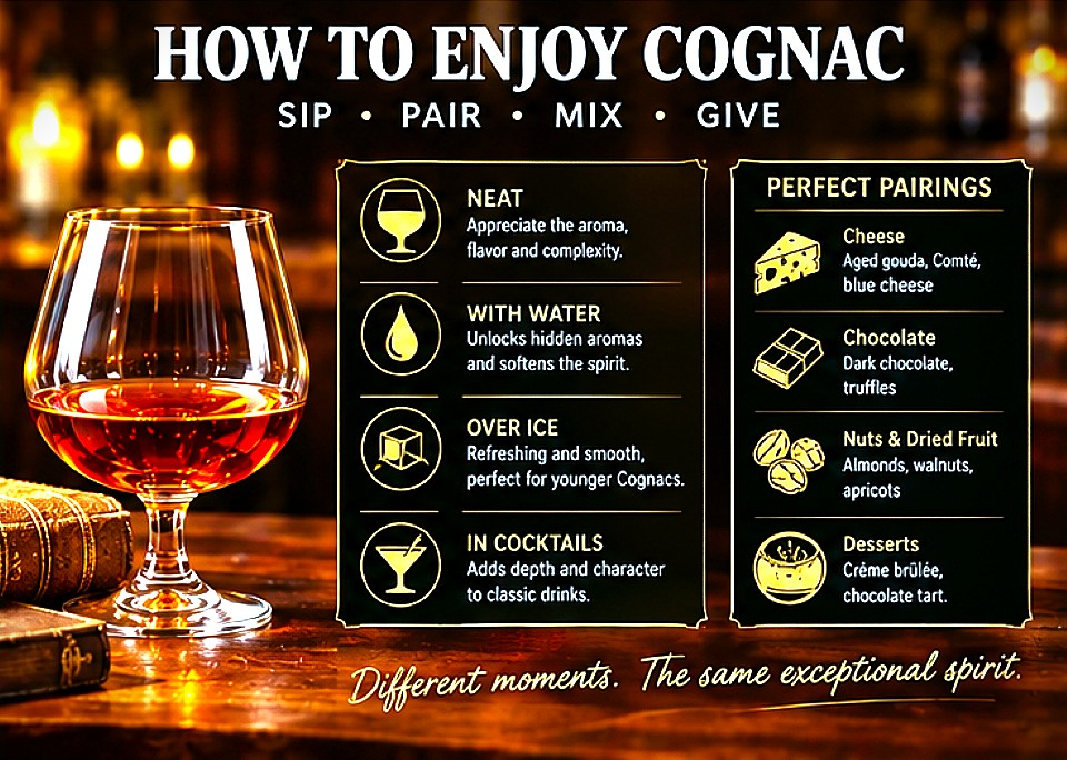 How to enjoy Cognac neat, with water, over ice or in cocktails paired with cheese, chocolate, nuts, dried fruit and desserts