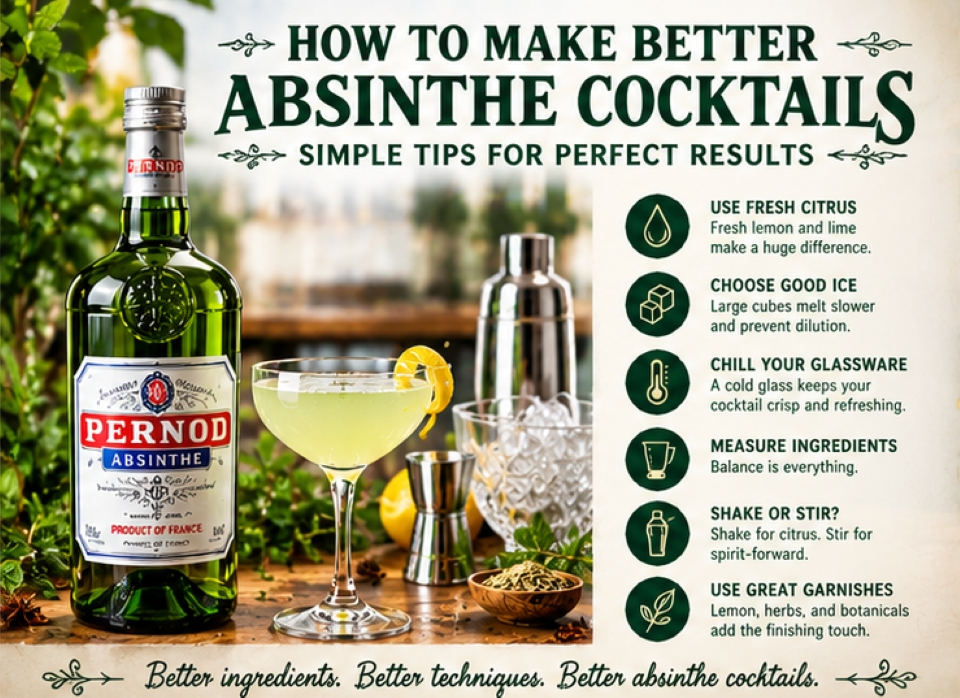 How to make better absinthe cocktails using fresh citrus, quality ice, chilled glassware, measured ingredients, proper shaking and stirring techniques