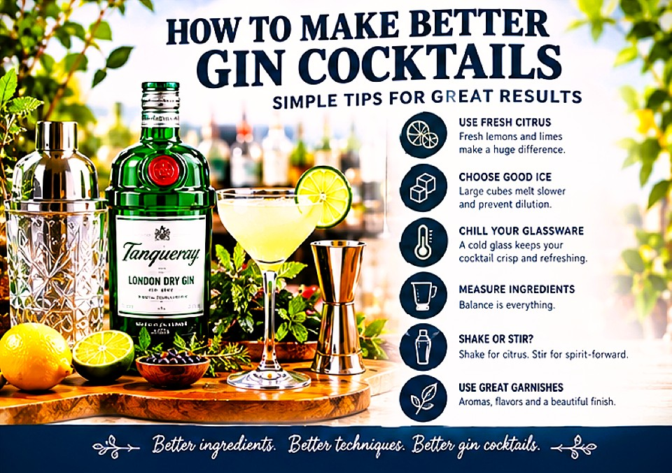 How to make better gin cocktails using fresh citrus, quality ice, chilled glassware, measured ingredients, proper shaking and stirring techniques
