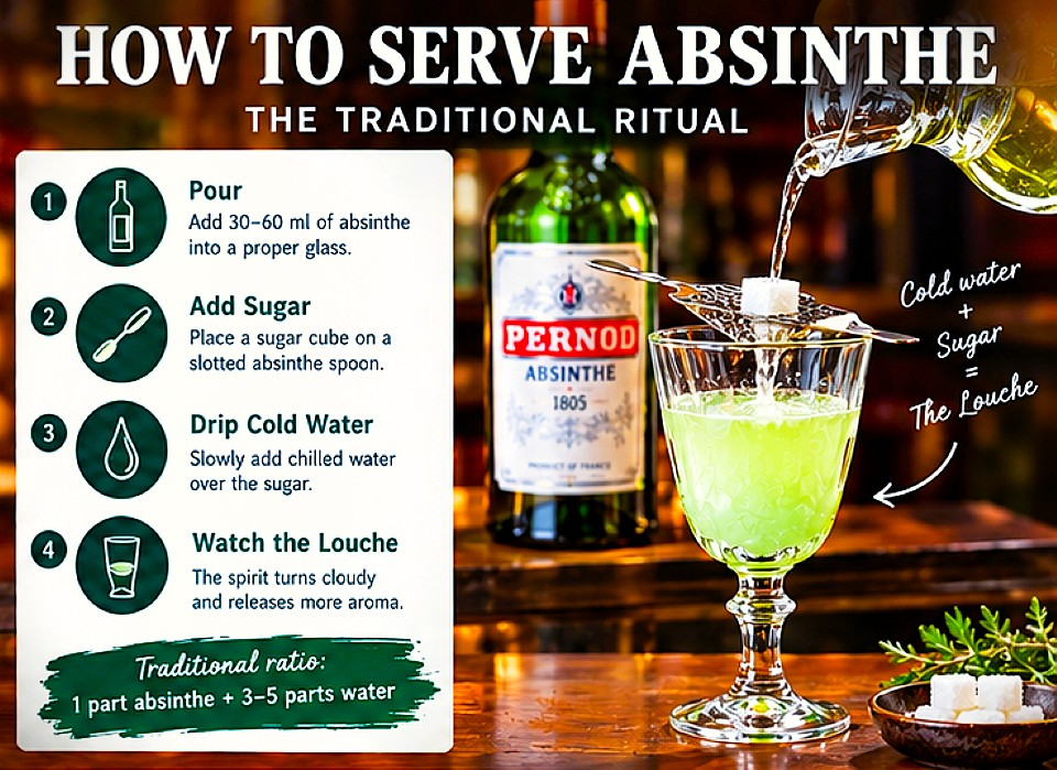 How to serve absinthe using cold water, sugar and an absinthe spoon to create the traditional louche