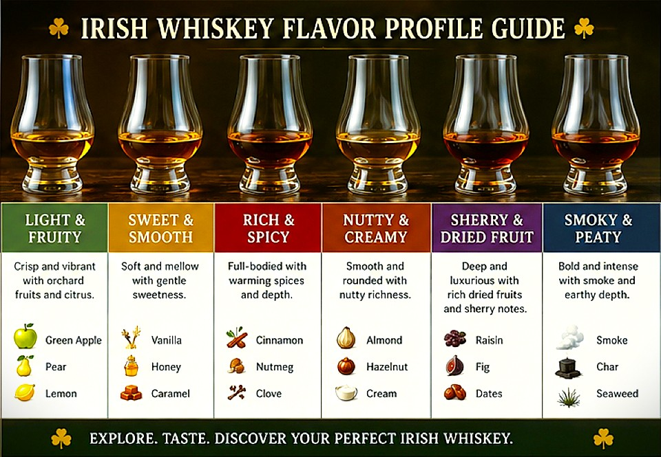 Irish whiskey flavor profiles ranging from light and fruity to sweet, rich and spicy, nutty and creamy, sherry and smoky